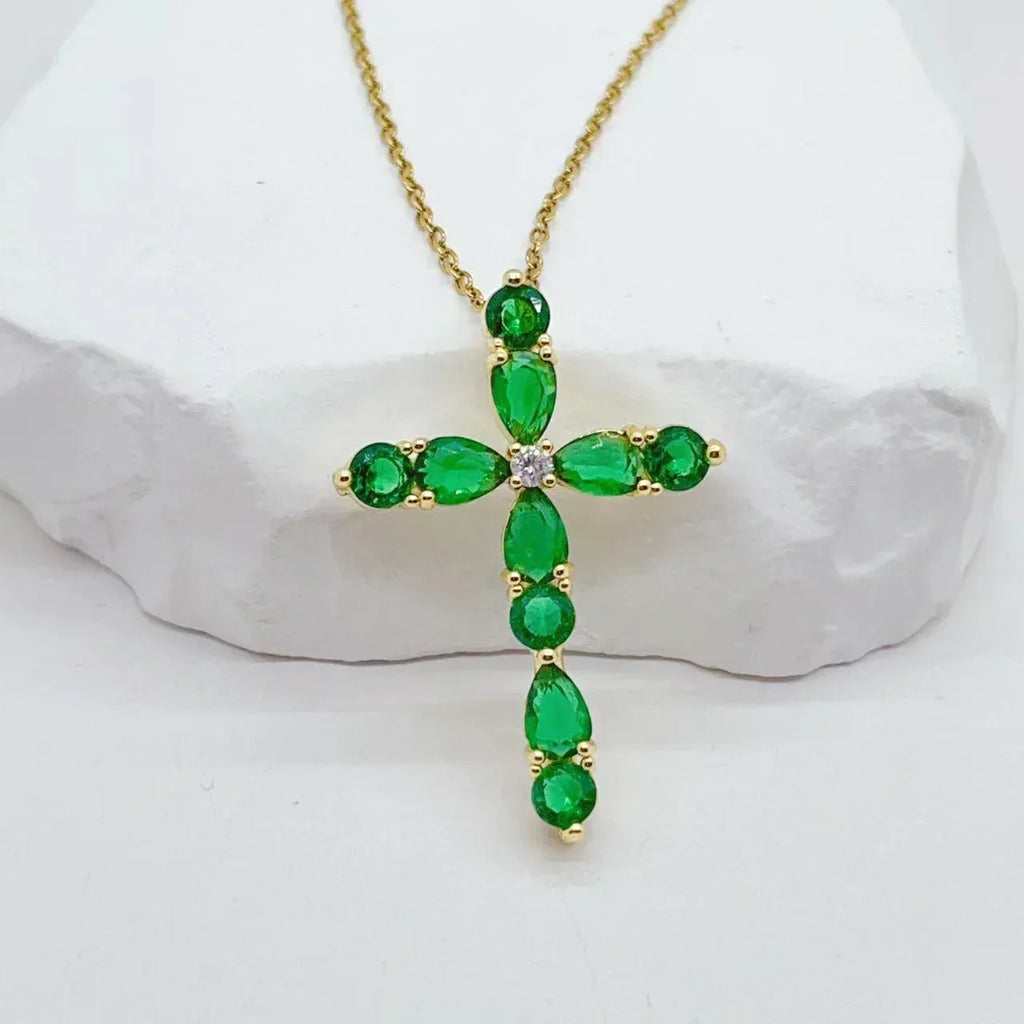 micro-inlay-colorful-zircon-water-drops-cross-necklace - Viexta