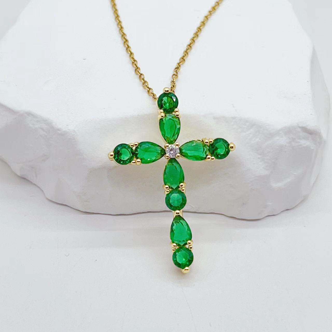 Micro Inlay Colorful Zircon Water Drops Cross Necklace