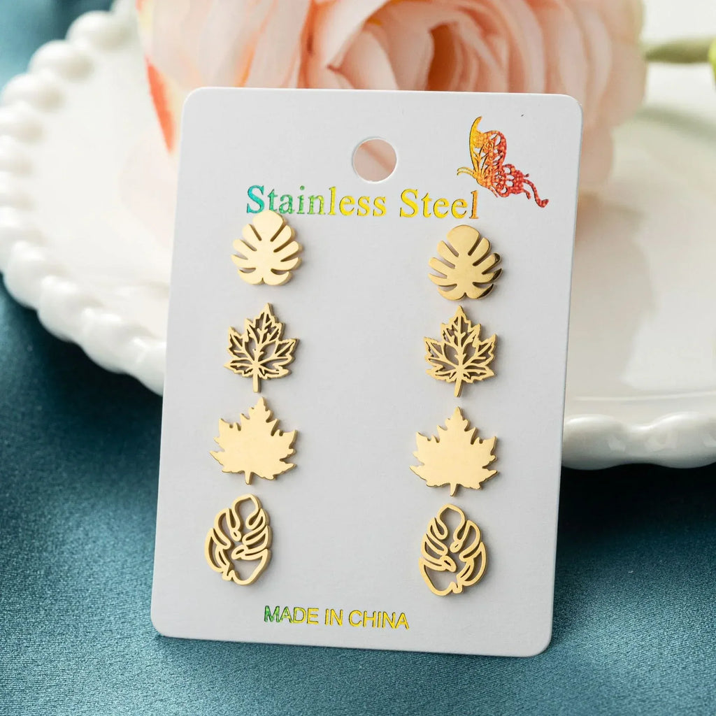 Gold Plated Stainless Steel Maple Leaf Stud Earrings Combo - Viexta