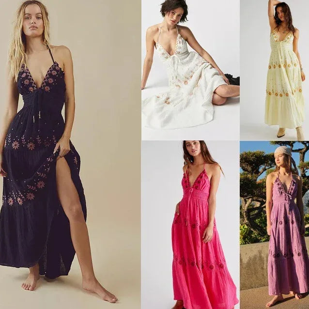 Summer V-neck Sleeveless Waist Embroidered Dress - Viexta