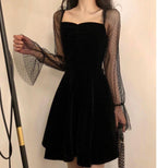 Sleeves A- Line Dress Black Square Collar Dress