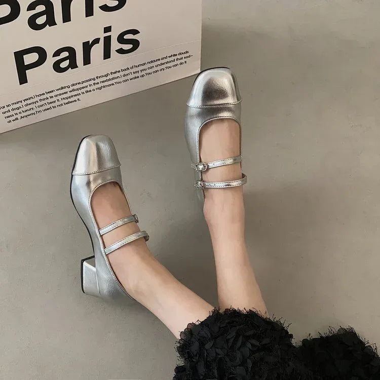 Square Toe Chunky Buckle Mid-heel - Viexta