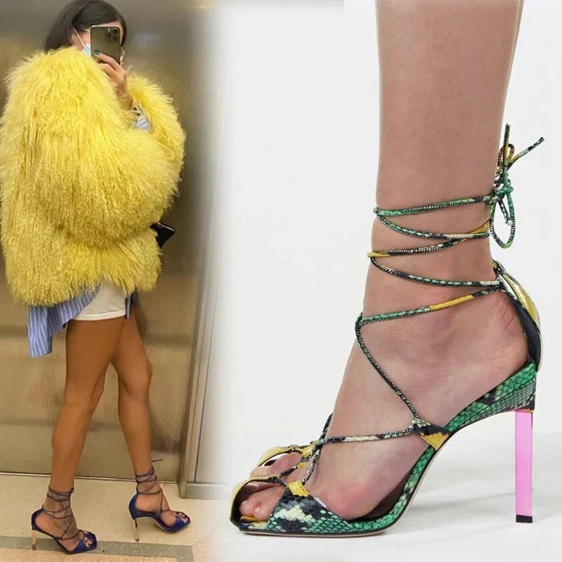 Square Toe Cross Lace-up Cutout Heels - Viexta