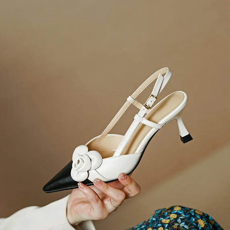 Women's Flower Pointed Toe Mid Heel Sandals - Viexta