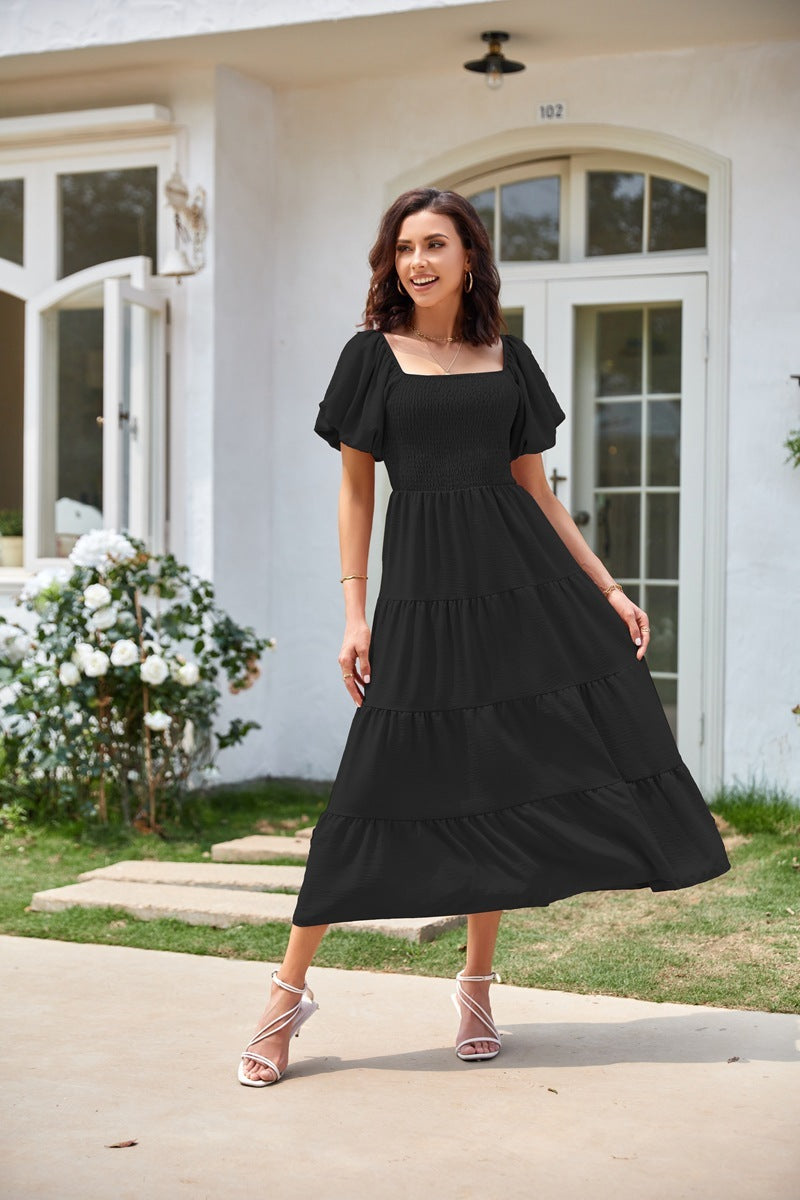Square Collar Backless Puff Sleeve Dress