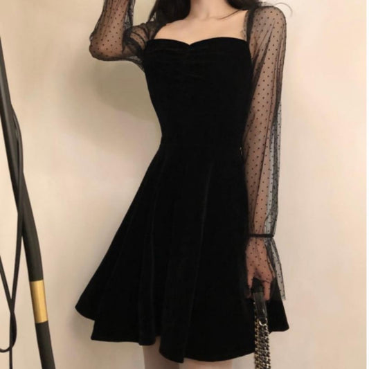 Sleeves A- Line Dress Black Square Collar Dress