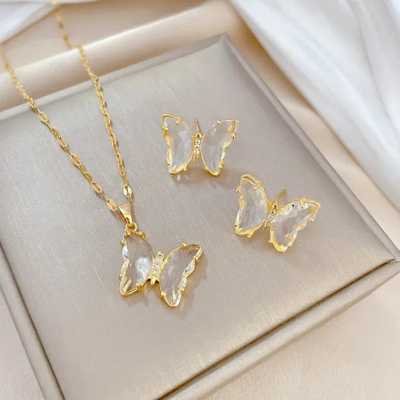 Crystal Butterfly Necklace And Earrings Suite - Viexta