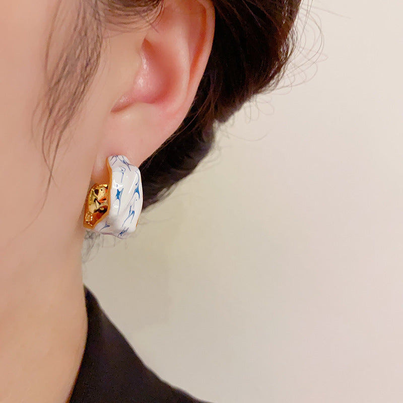 Sterling Silver Irregular Blue And White Porcelain Ear Ring