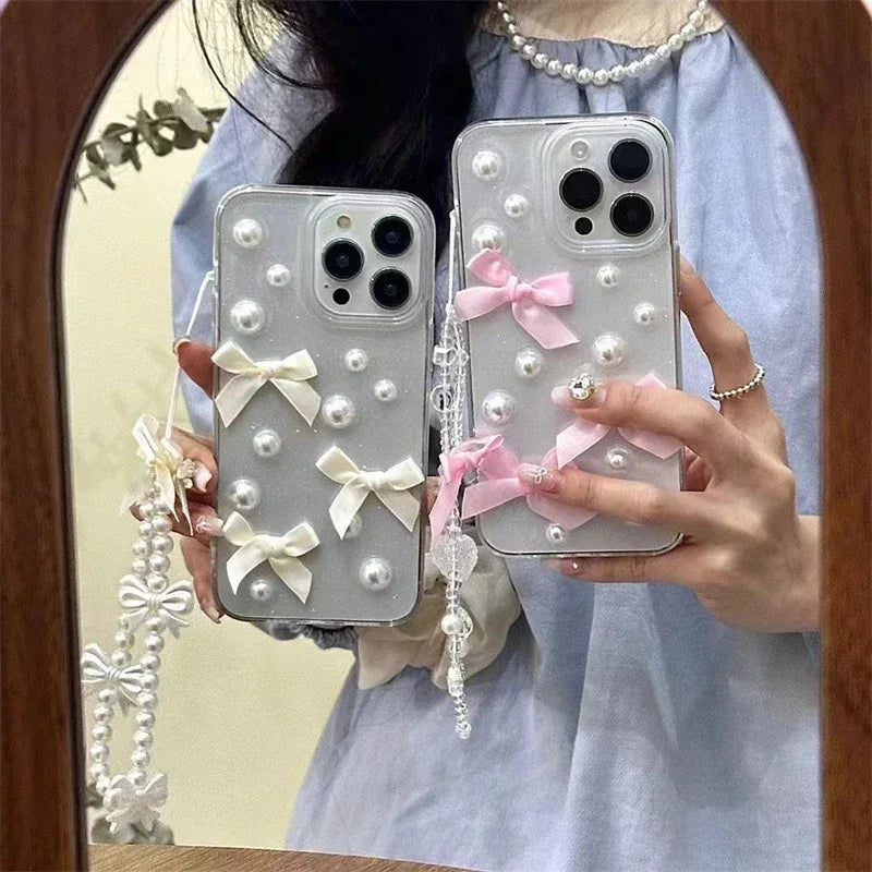 Niche Three-dimensional Pearl Bow iPhone Case with Charm - Viexta