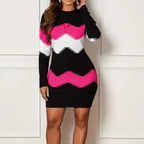 Mid-length Short Skirt Round Neck Long Sleeve Printed Knitted Sheath Dress - Viexta