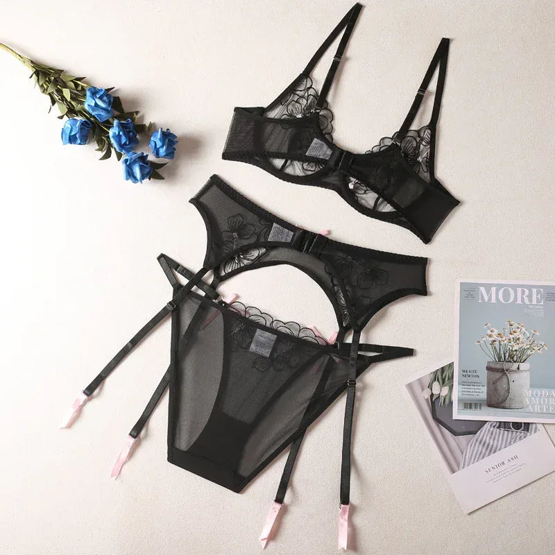 new-fashion-lace-embroidery-sexy-lingerie-three-piece-set - Viexta