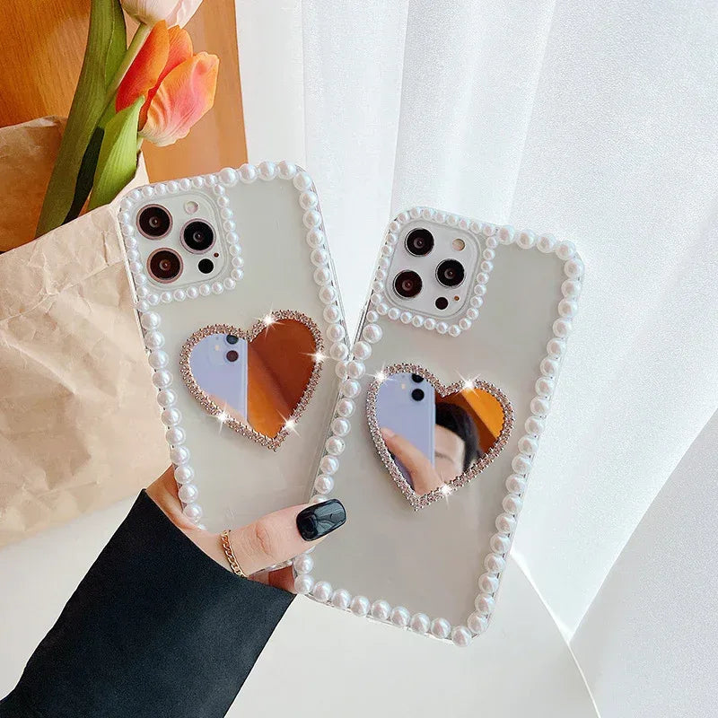 Acrylic Pearl Heart Mirror Rhinestone iPhone Case - Viexta