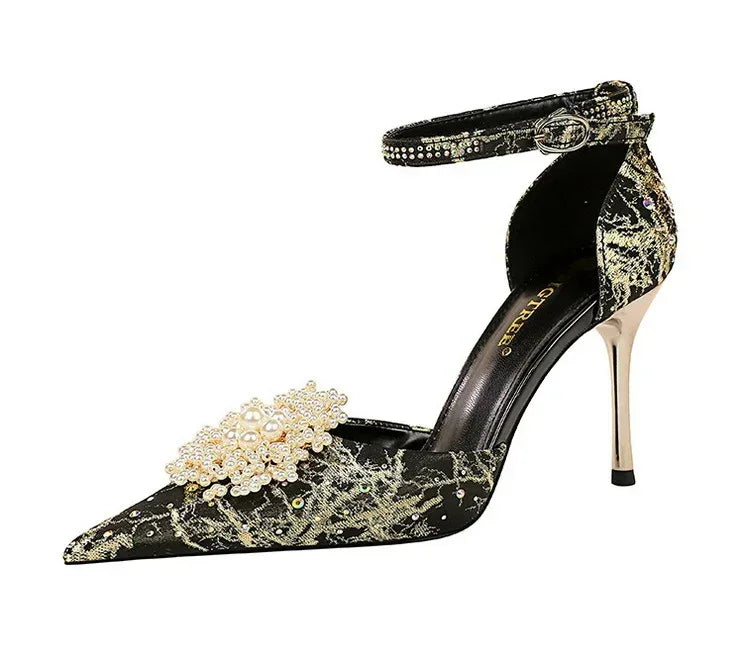 Low-cut Hollow Rhinestone Pearl High Heels - Viexta