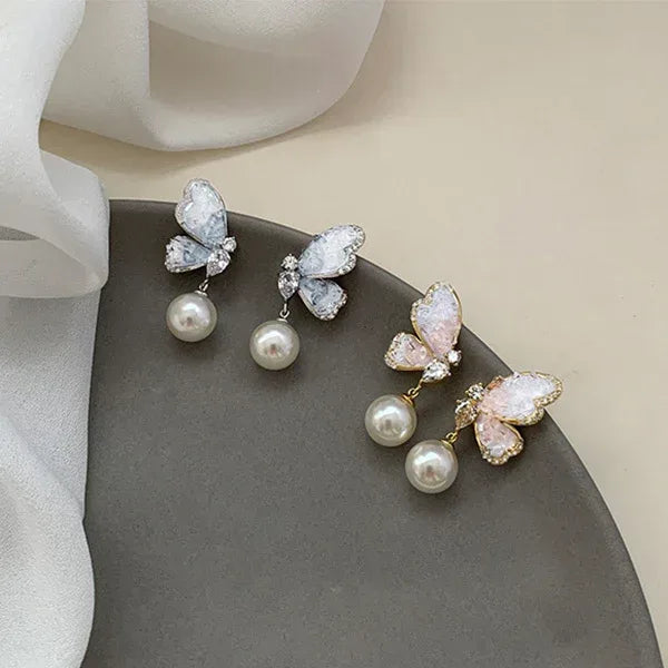 Butterfly Pearl Earrings With Rhinestones - Viexta