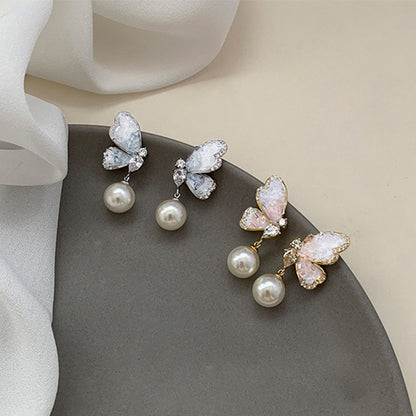 Butterfly Pearl Earrings With Rhinestones