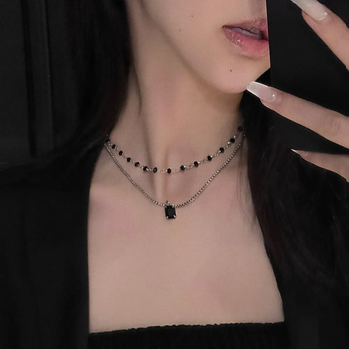Black Zircon Beaded Double-layer Clavicle Chain - Viexta