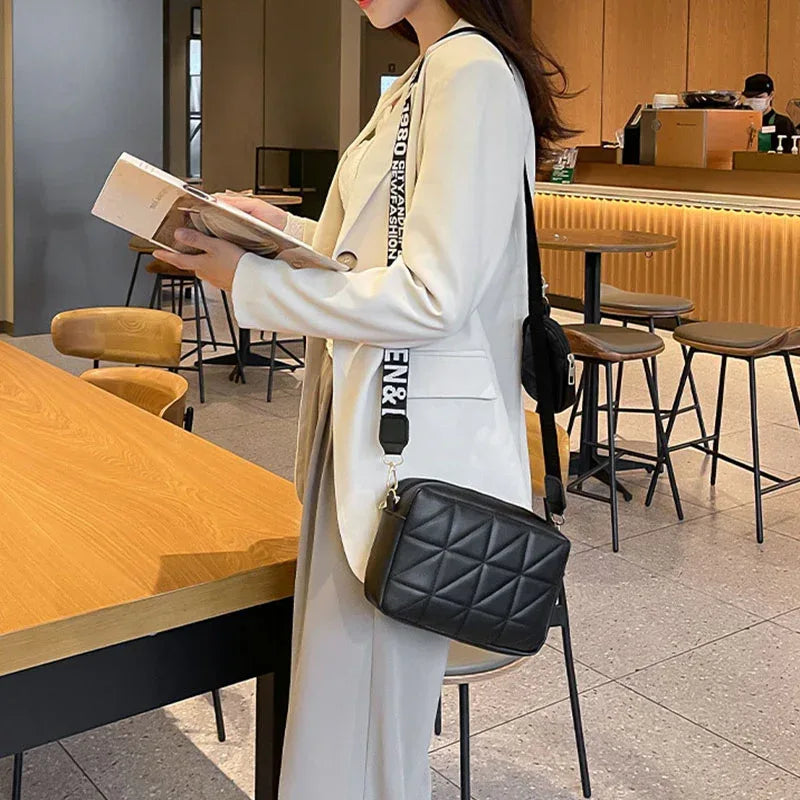 2Pcs Rhombus Shoulder Bag With Wallet Letter Print Wide Shoulder Strap Small Square Bag Large Capacity Cell Phone Crossbody Bags - Viexta