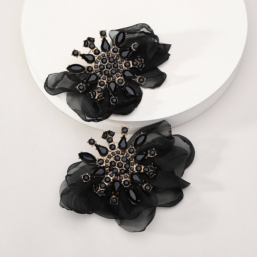 Rhinestone Chiffon Flower Stud Earrings For Women
