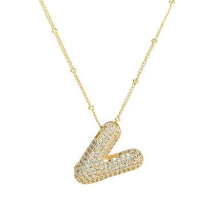 Brass Zircon Bubble Letter Pendant Necklace