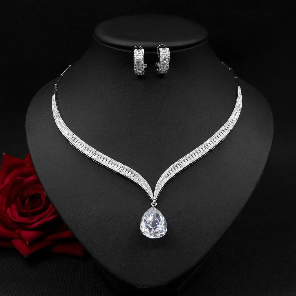 water-drop-zircon-clavicle-necklace-and-earring-set - Viexta