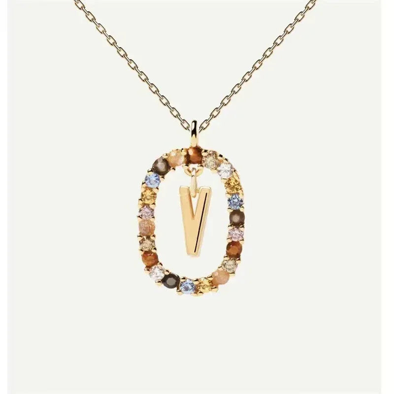 Colored Rhinestone Alphabet Necklace - Viexta