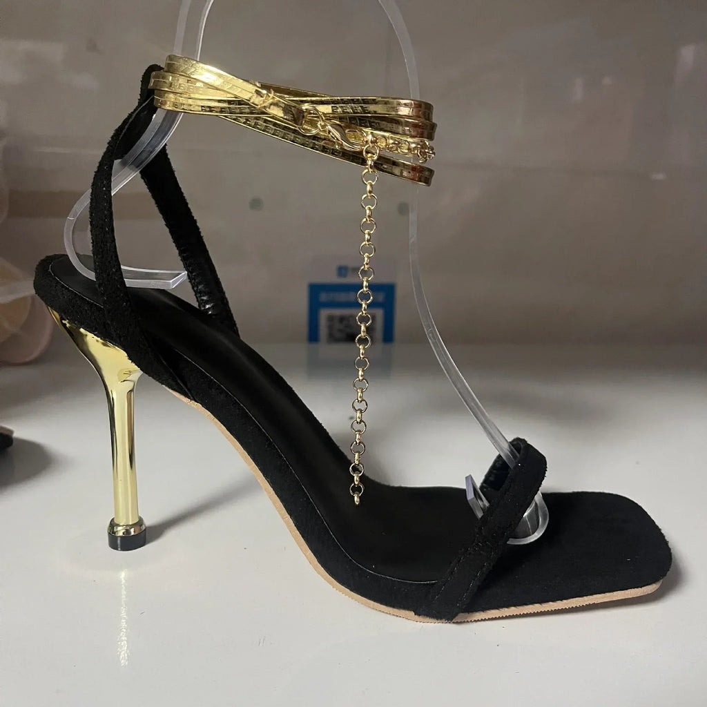 Solid Color Ankle Ring Lace-up High Heels - Viexta