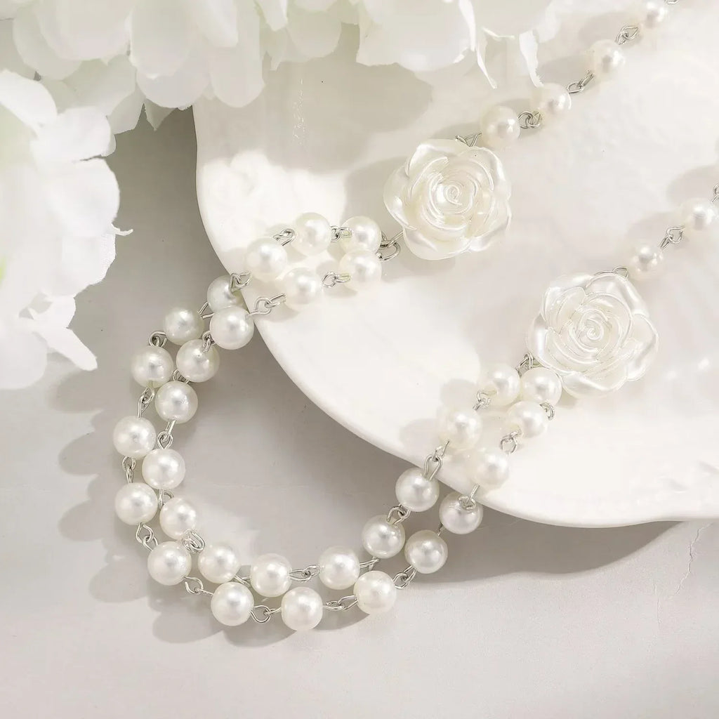 fairy-style-french-pearl-camellia-double-layer-necklace - Viexta