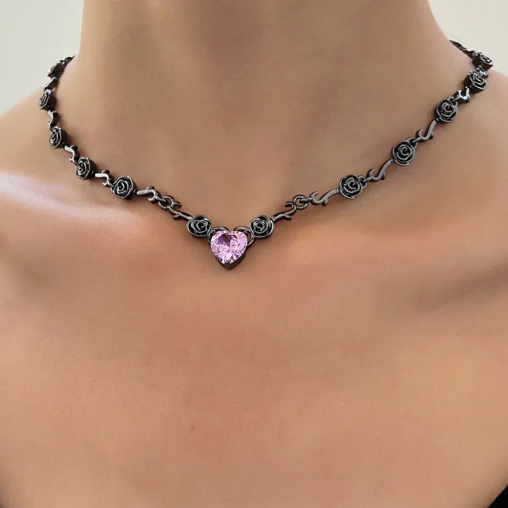 Rhinestone Love Rose Chain Necklace - Viexta