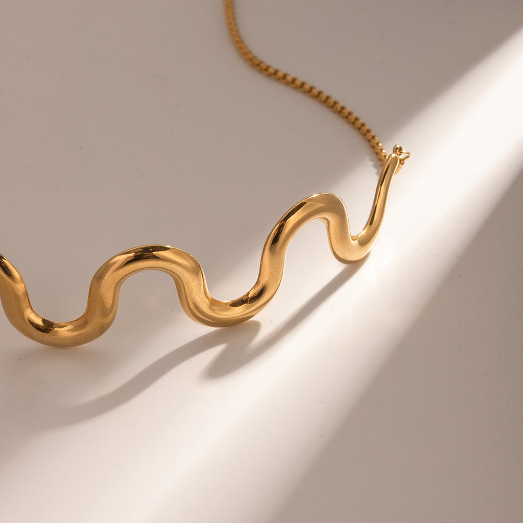 Gold Plated Stainless Steel Wave Pull Necklace Jewelry
