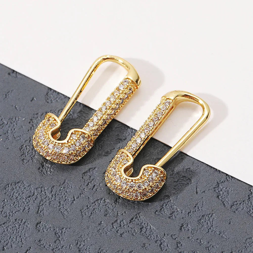 Tarnish-free Zircon Inlaid Safety-Pin Earring - Viexta