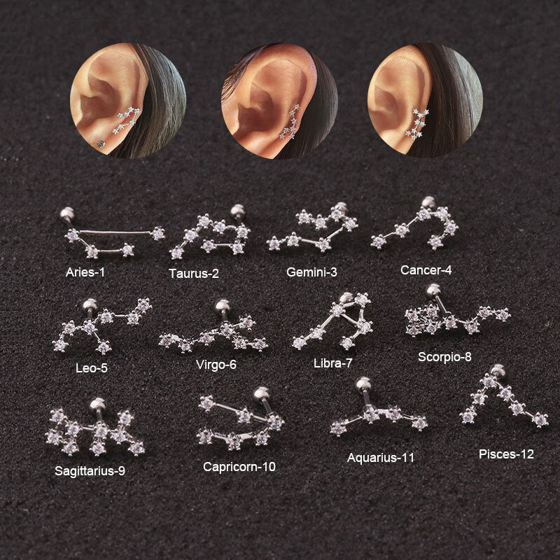 1Pcs Twelve Constellation Cartilage Earring Stainless Steel CZ Stud Earring Cartilage Helix Lobe Screw Back Ear Piercing Jewelry