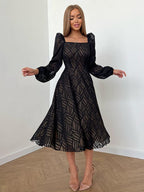 Hollow-out Micro-transparent Jacquard Long Sleeves Dress