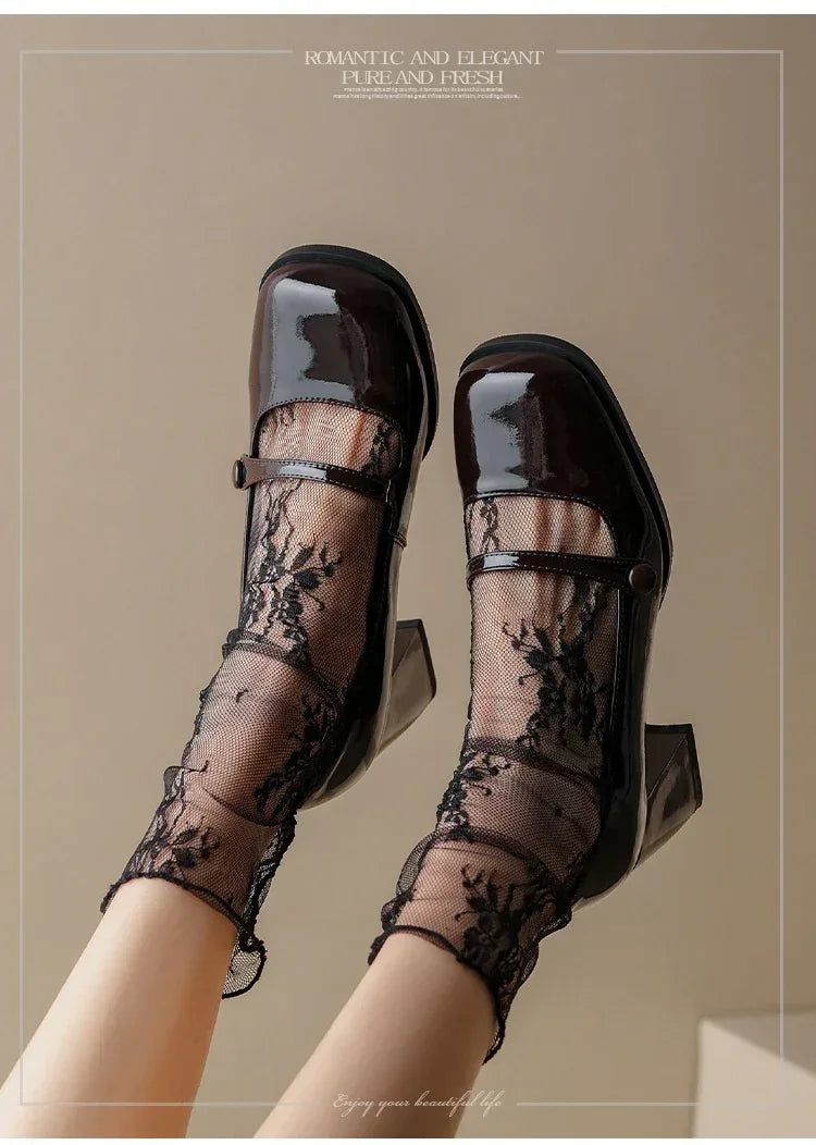 Women's Retro Minority Design Fashion Tie Square Toe High Heels Mary Jane Shoes - Viexta