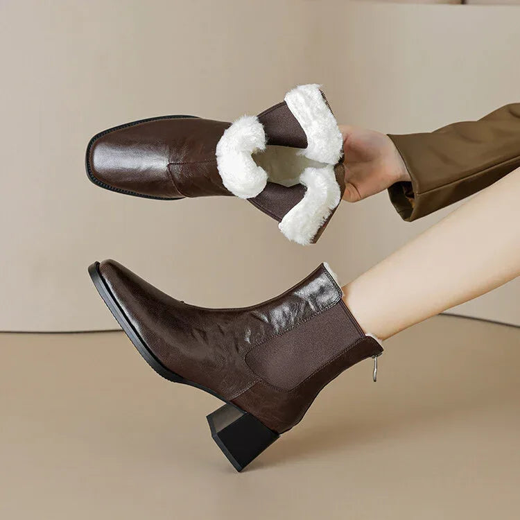 Retro Chunky Heel Fur Booties - Viexta