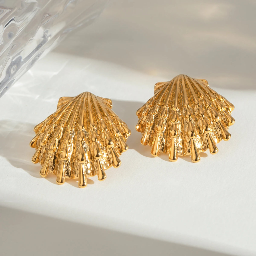 Creative Stainless Steel 18k Gold Plated Ocean Style Shell Ribbed Hammer Grain Earrings Personalized Jewelry Attractive Women