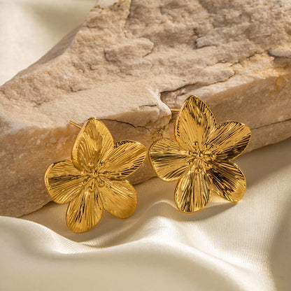 Matte Retro Gold Stainless Steel Flower Stud Earrings