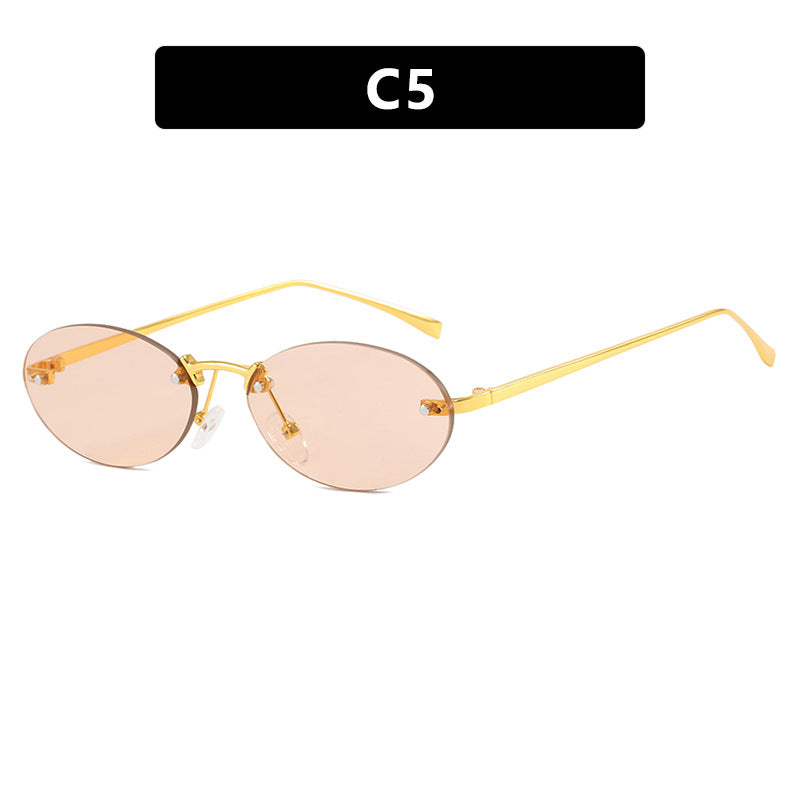 Elliptical frameless sunglasses with rivets, new fashion sunglasses, trendy street photography sunglasses for women