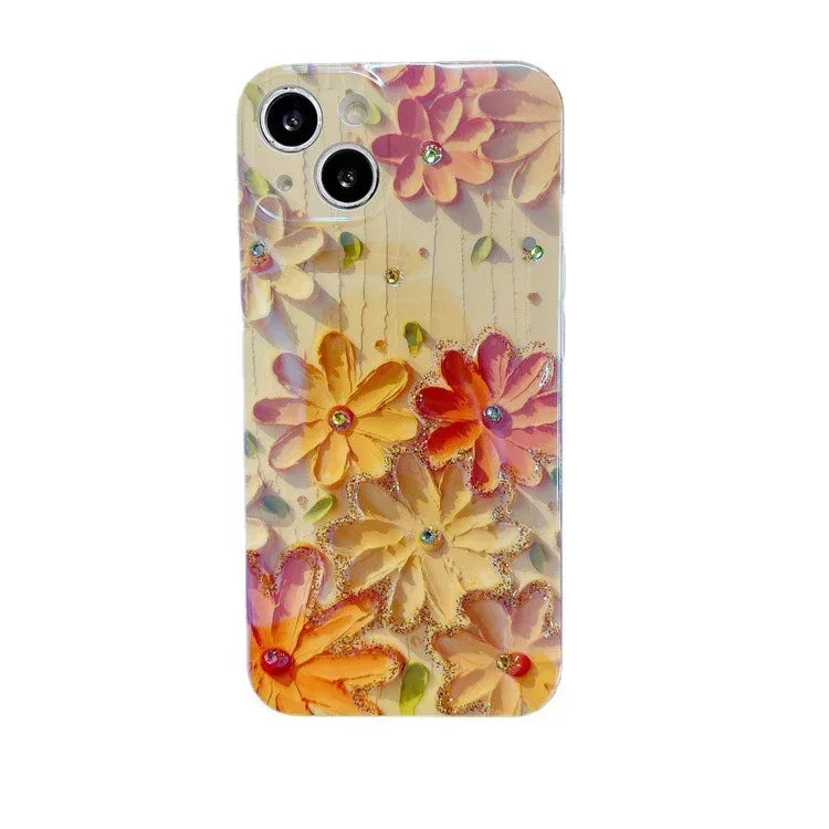 Yellow Oil Painting Flowers Phone Case Rhinestone Epoxy - Viexta
