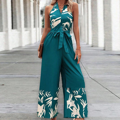 Printing Series Belt Halter Backless Jumpsuit