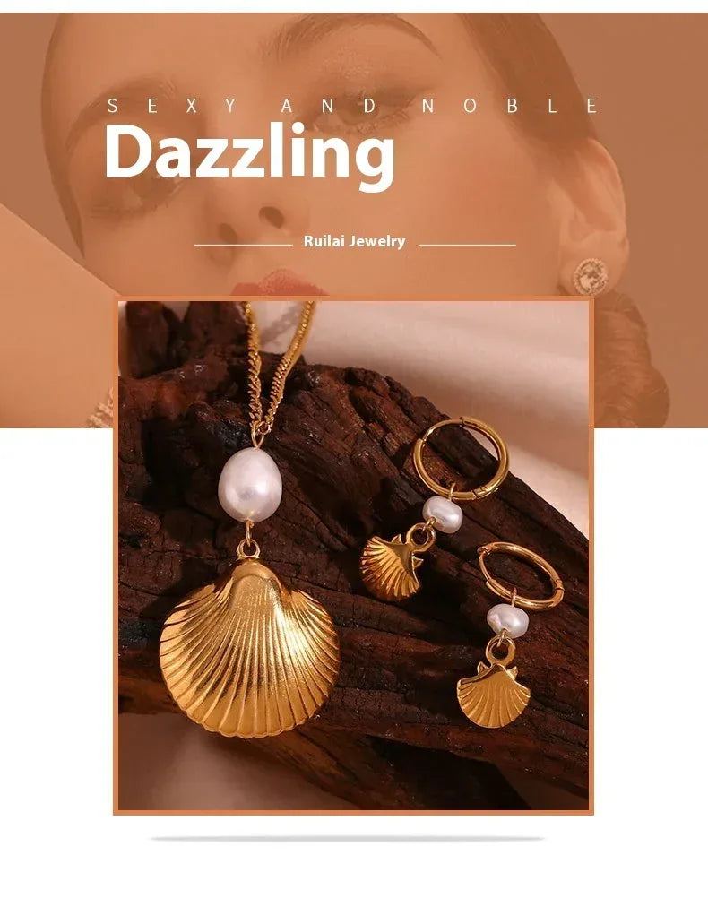 Pearl Shell Earrings And Necklace Set - Viexta