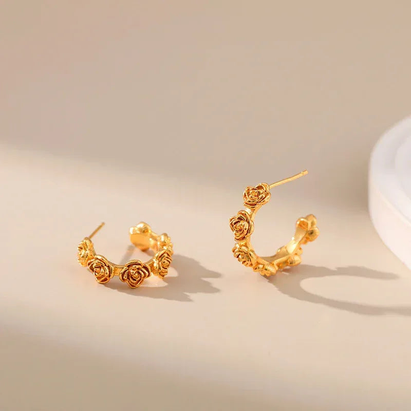 Rose Carved Retro Textured Earrings - Viexta