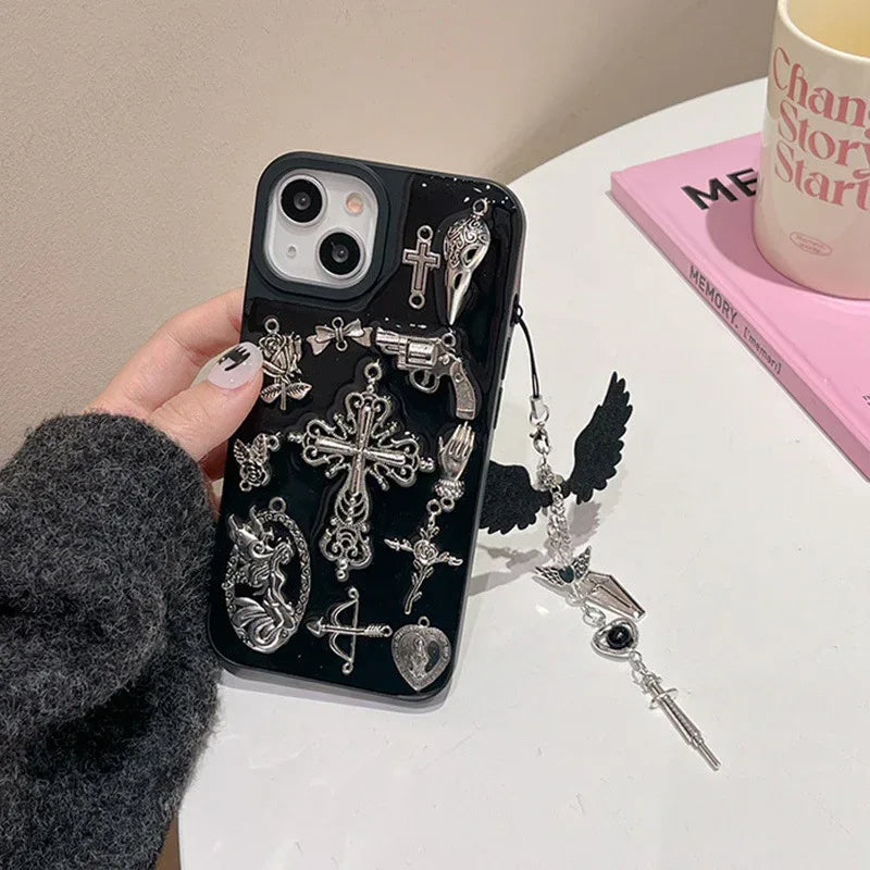 Ins Retro Dark Wind Epoxy Cross iPhone Case with Charm - Viexta