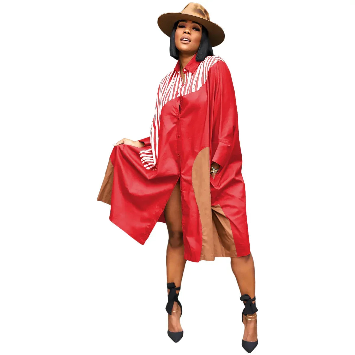 Plus Size Loose Multicolor Batwing Sleeve Shirt Dress - Viexta