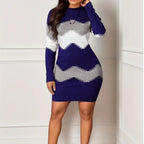 Mid-length Short Skirt Round Neck Long Sleeve Printed Knitted Sheath Dress - Viexta