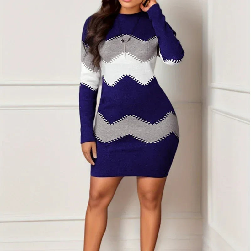 Mid-length Short Skirt Round Neck Long Sleeve Printed Knitted Sheath Dress - Viexta