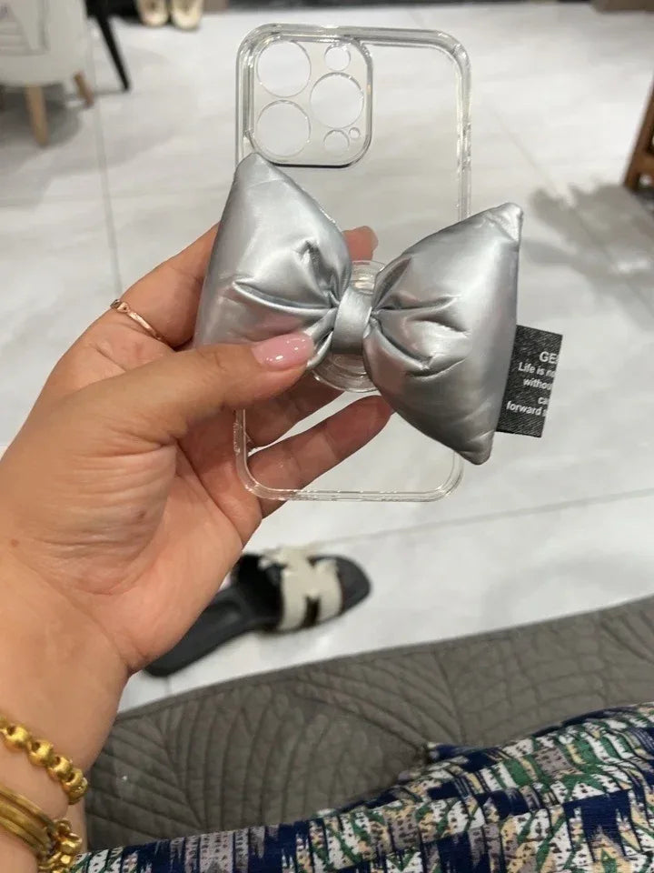 transparent-soft-shell-silver-bow-down-stand-iphone-case - Viexta