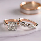 Rose Gold Three-Piece Diamond-Encrusted Zircon Ring Set - Viexta