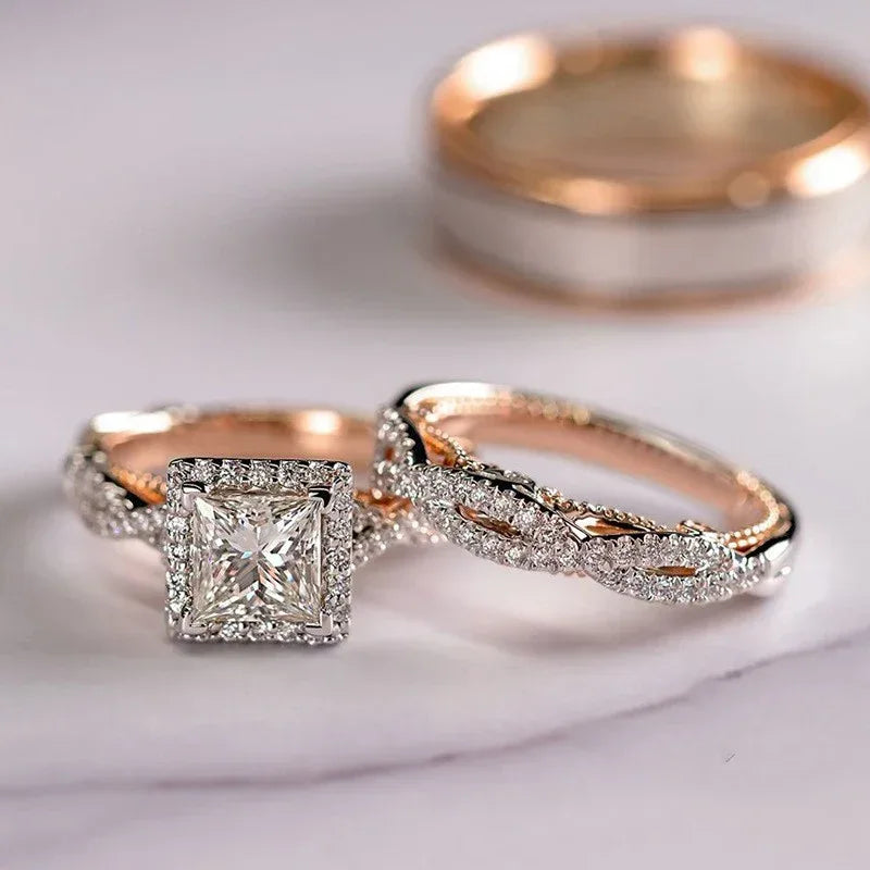 Rose Gold Three-Piece Diamond-Encrusted Zircon Ring Set - Viexta