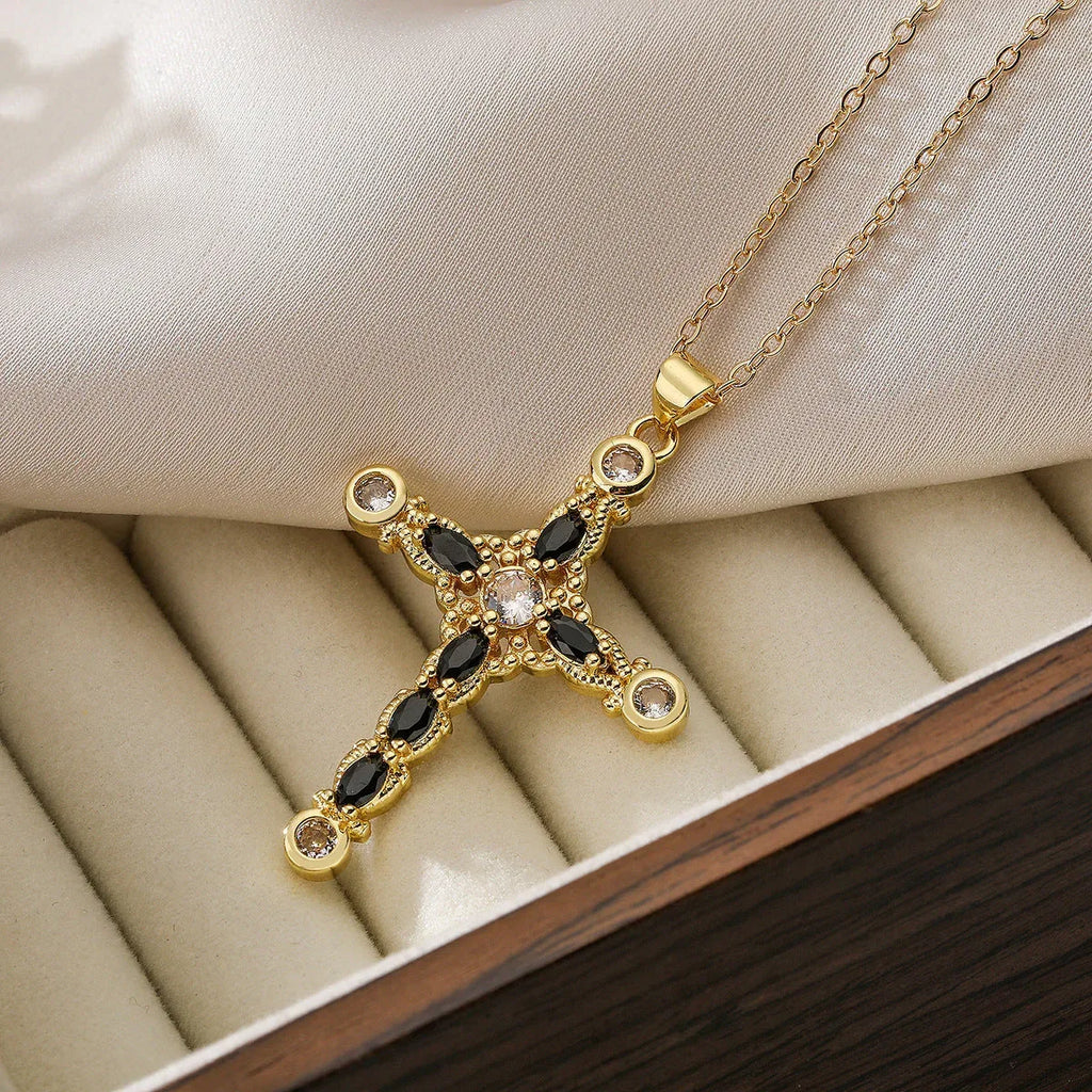 affordable-luxuryplated-real-gold-zircon-cross-pendant-necklace - Viexta
