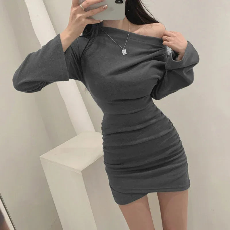 Slanted Shoulder Pleated Dress - Viexta